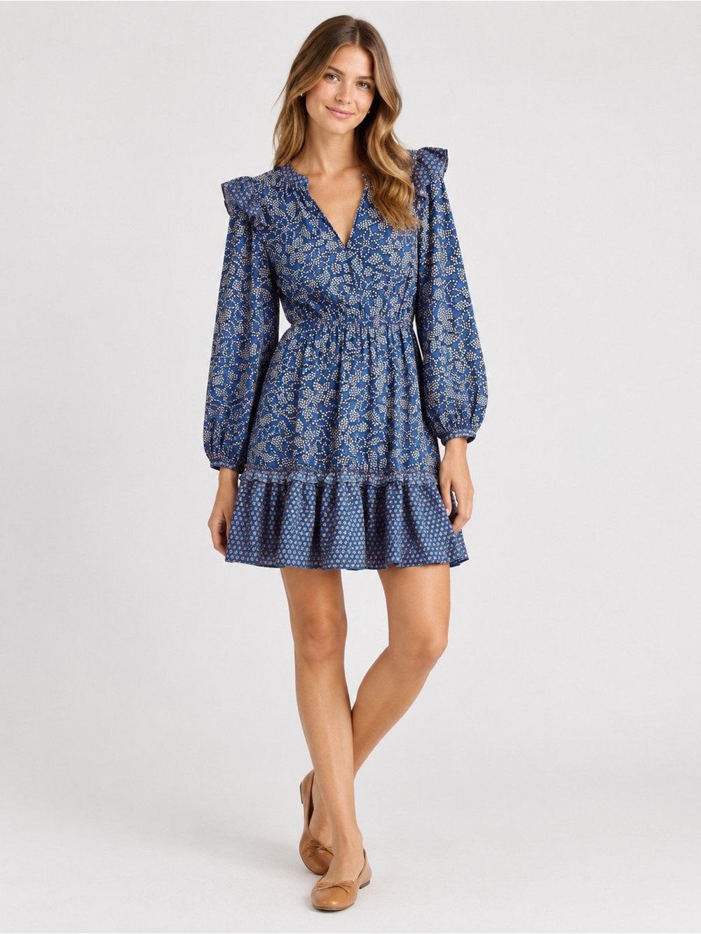 Current Air Blue Floral Ruffle Long Sleeve Mini Dress Women’s Medium Boho Flirty